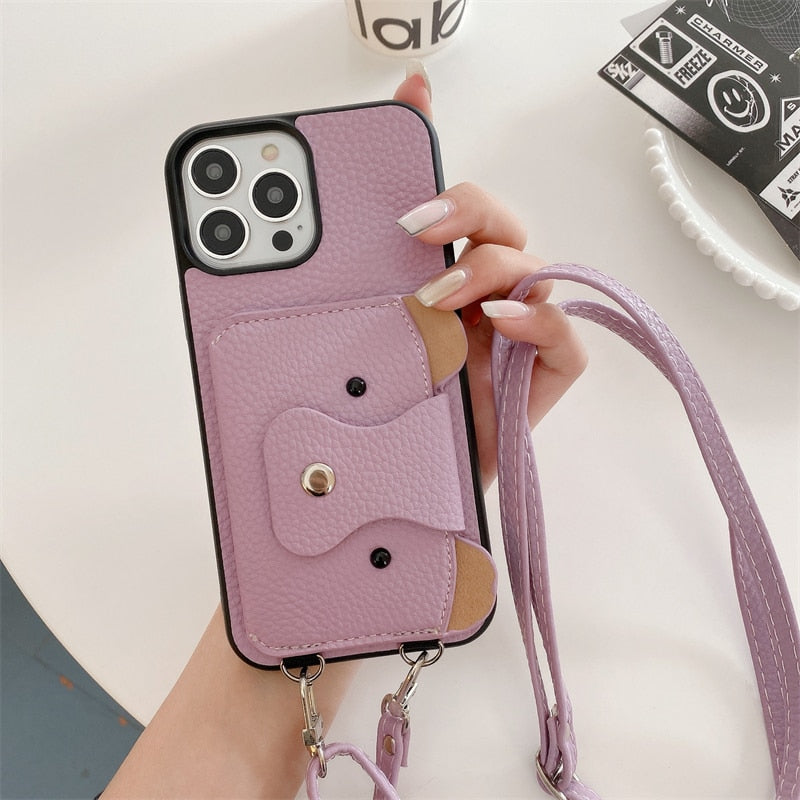Cute Bear Leather Wallet iPhone Case-Exoticase-For iPhone 14 Pro Max-Lavender-