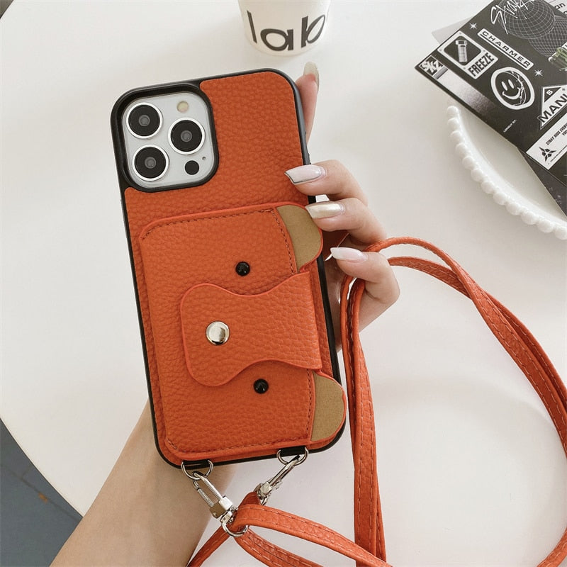 Cute Bear Leather Wallet iPhone Case-Exoticase-For iPhone 14 Pro Max-Orange-