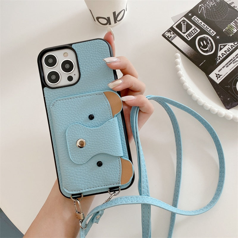 Cute Bear Leather Wallet iPhone Case-Exoticase-For iPhone 14 Pro Max-Sky Blue-