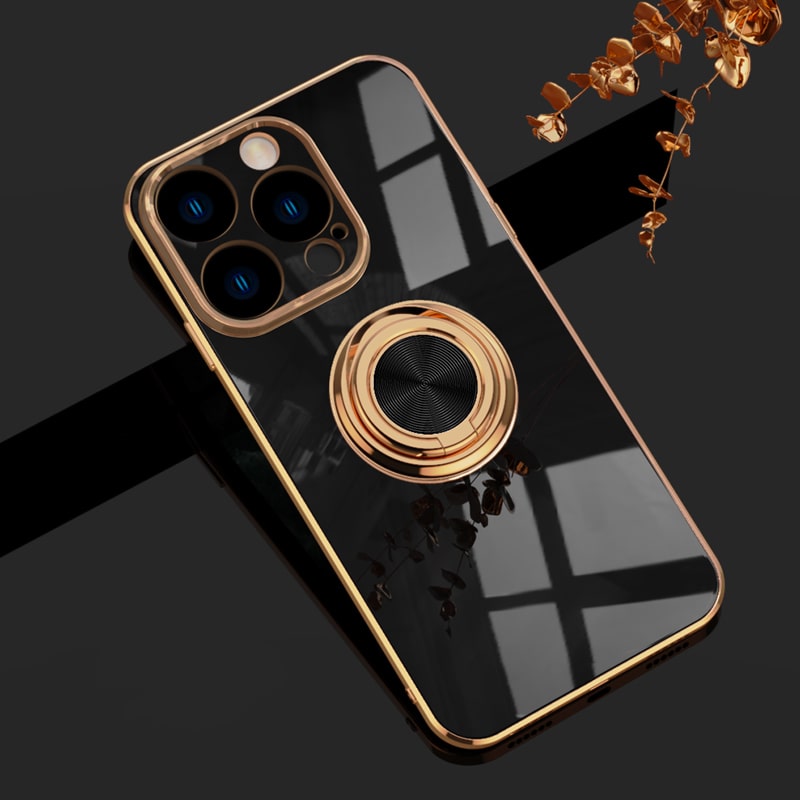 Electroplated Apple iPhone Case With Ring Holder - Exoticase - For iPhone 15 Pro Max / Black
