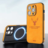 Faux Leather Deer Engrave iPhone Case-Exoticase-For iPhone 15 Pro Max-Orange-