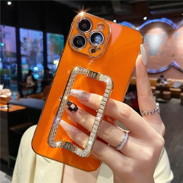 Rhinestone Crystal Holder iPhone Case-Exoticase-For iPhone 13 Pro Max-Orange-