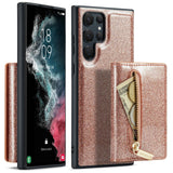 Shiny Glitter Detachable Magnetic Wallet Samsung Case-Exoticase-For Galaxy S23 Ultra-Rose Gold-