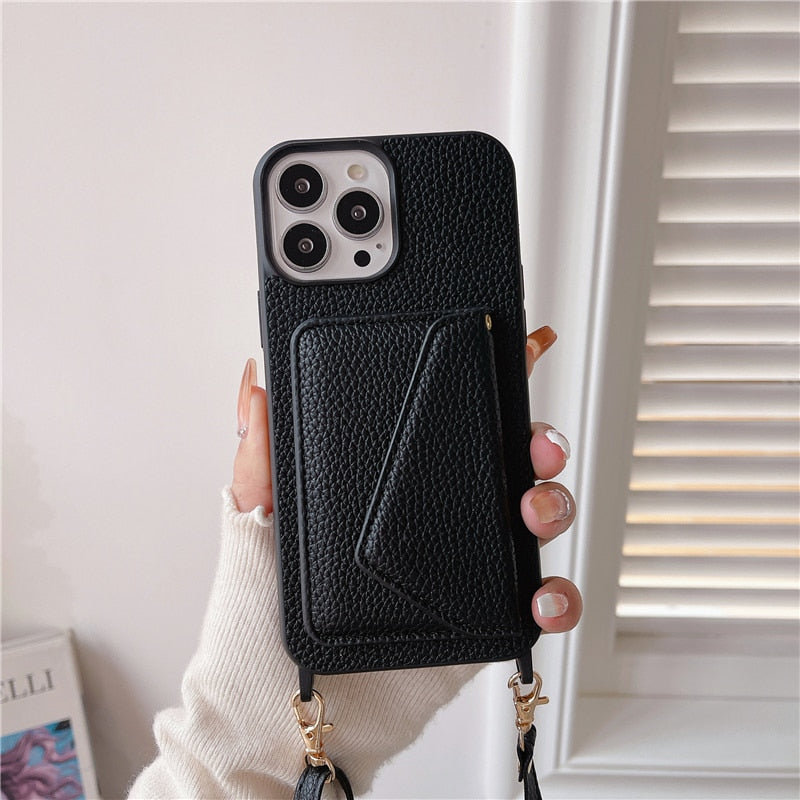 Trendy Crossbody Shoulder Strap Wallet Apple iPhone Case-iPhone Case-Exoticase-For iPhone 14 Pro Max-Black-