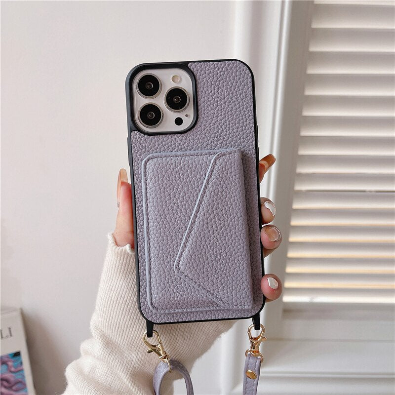 Trendy Crossbody Shoulder Strap Wallet Apple iPhone Case-iPhone Case-Exoticase-For iPhone 14 Pro Max-Lavender-