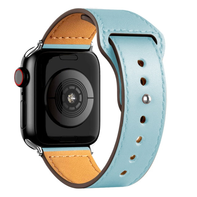 Leather Bands for New Apple Watch Series-Exoticase-Light Blue with Silver Metal End-38mm 40mm 41mm-