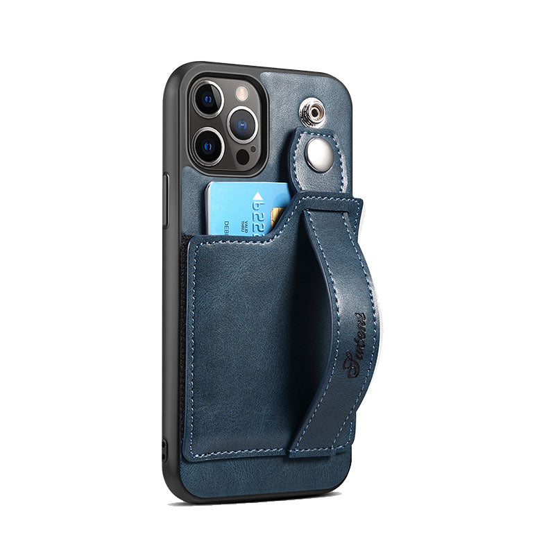 Adjustable Leather Band Card Wallet iPhone Case-Exoticase-For iPhone 14-Blue-