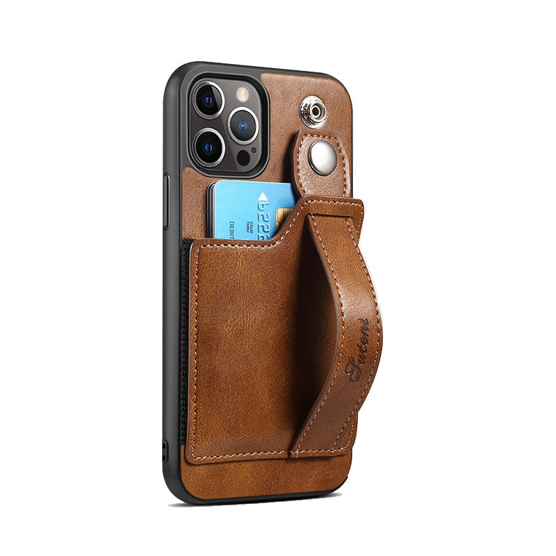 Adjustable Leather Band Card Wallet iPhone Case-Exoticase-For iPhone 14-Brown-Exoticase
