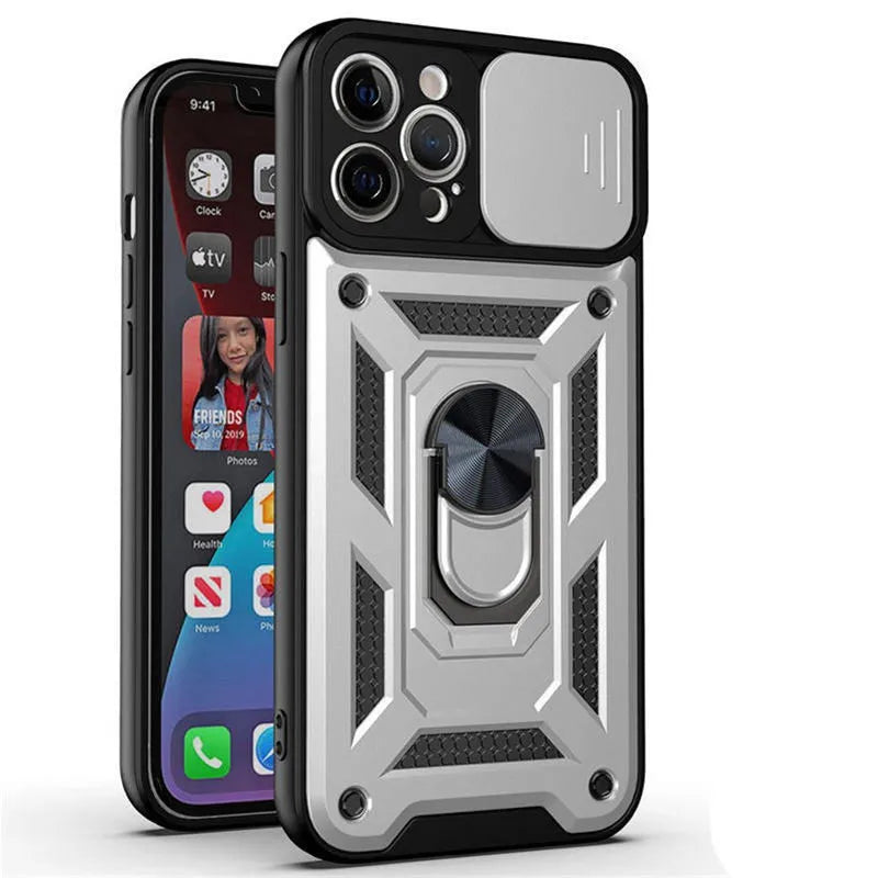 Armor Military Grade Apple iPhone Case With Magnetic Ring-Exoticase-For iPhone 15 Pro Max-Silver-