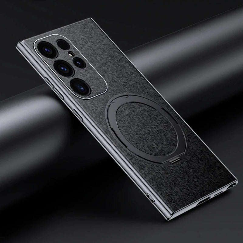Bonded Leather Magnetic Metal Ring Samsung Case-Exoticase-For Samsung S23 Ultra-Black-Exoticase