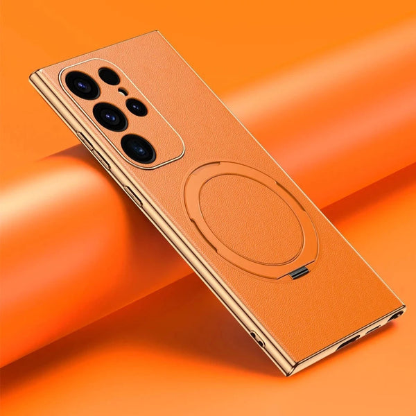 Bonded Leather Magnetic Metal Ring Samsung Case-Exoticase-For Samsung S23 Ultra-Orange-Exoticase
