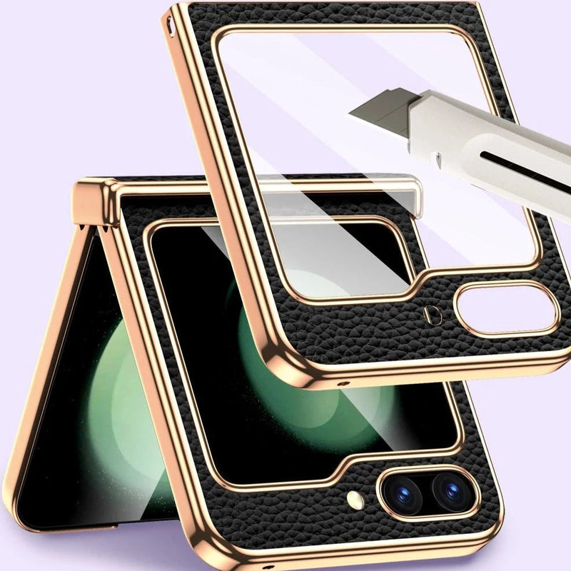 Bonded Leather Tempered Glass Samsung Z Flip 5 Case-Exoticase-Exoticase