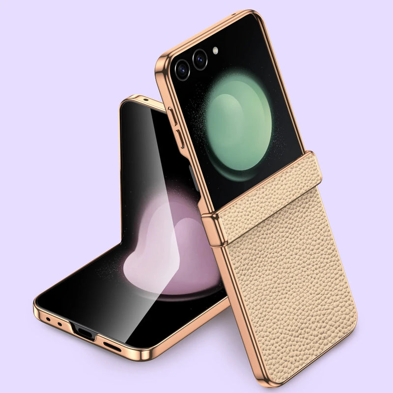 Bonded Leather Tempered Glass Samsung Z Flip Case-Exoticase-Beige-Samsung Flip 7-Exoticase