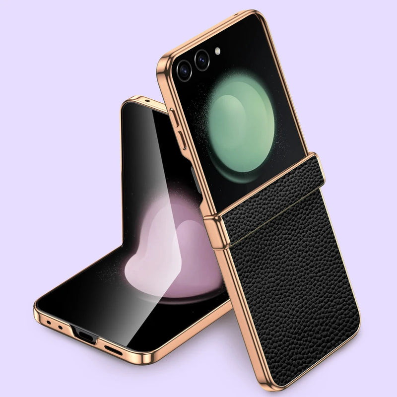 Bonded Leather Tempered Glass Samsung Z Flip Case-Exoticase-Black-Samsung Flip 7-Exoticase