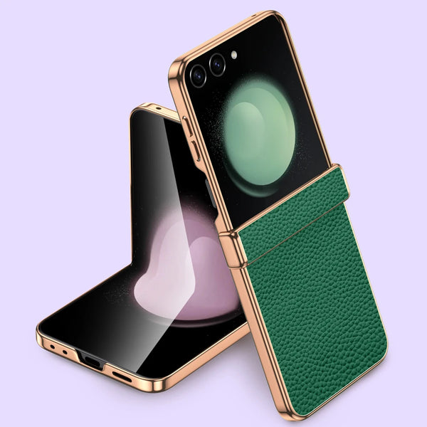 Bonded Leather Tempered Glass Samsung Z Flip Case-Exoticase-Green-Samsung Flip 7-Exoticase