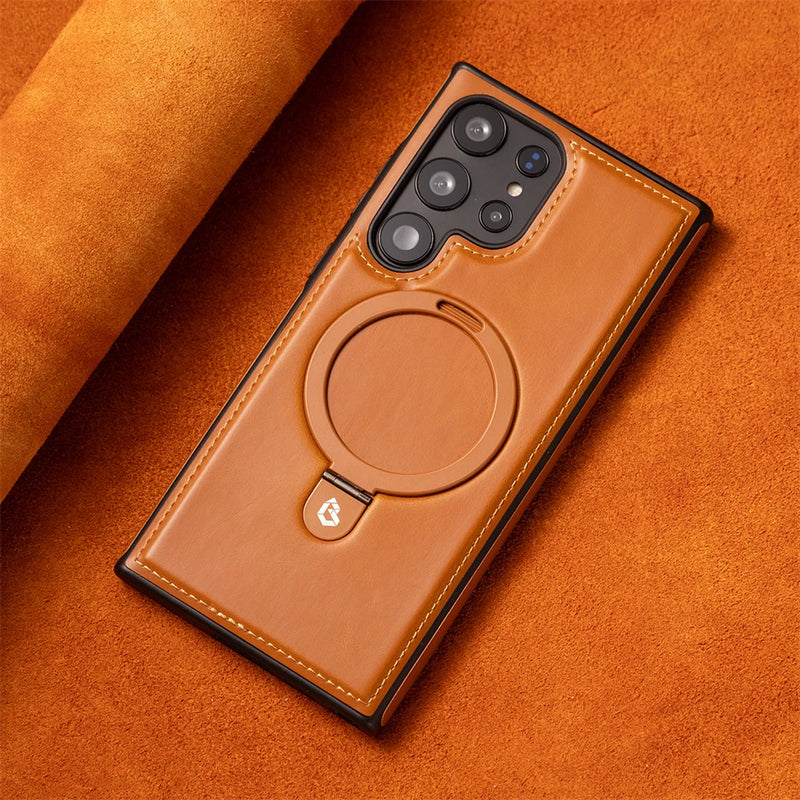 Business Retro Leather Samsung Case with Ring-Exoticase-For Samsung S25 Ultra-Brown-Exoticase