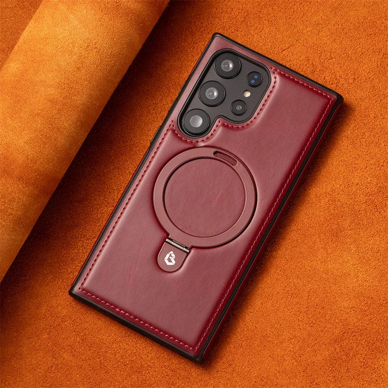 Business Retro Leather Samsung Case with Ring-Exoticase-For Samsung S25 Ultra-Red-Exoticase