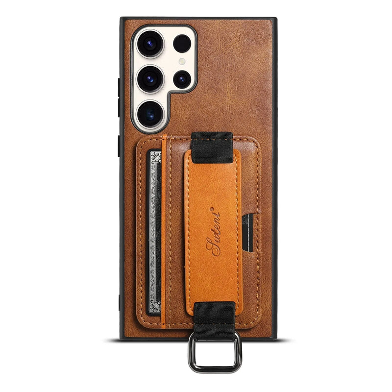 Card Pocket and Strap Leather Samsung Case-Exoticase-for Galaxy S23 Ultra-Brown-