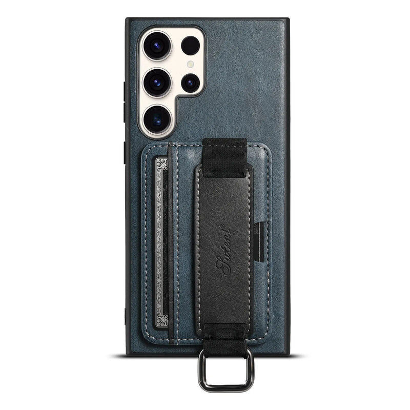 Card Pocket and Strap Leather Samsung Case-Exoticase-for Galaxy S23 Ultra-Blue-
