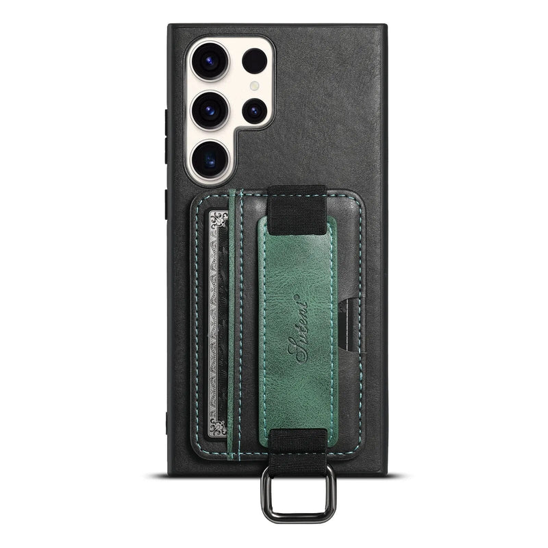 Card Pocket and Strap Leather Samsung Case-Exoticase-for Galaxy S23 Ultra-Green-