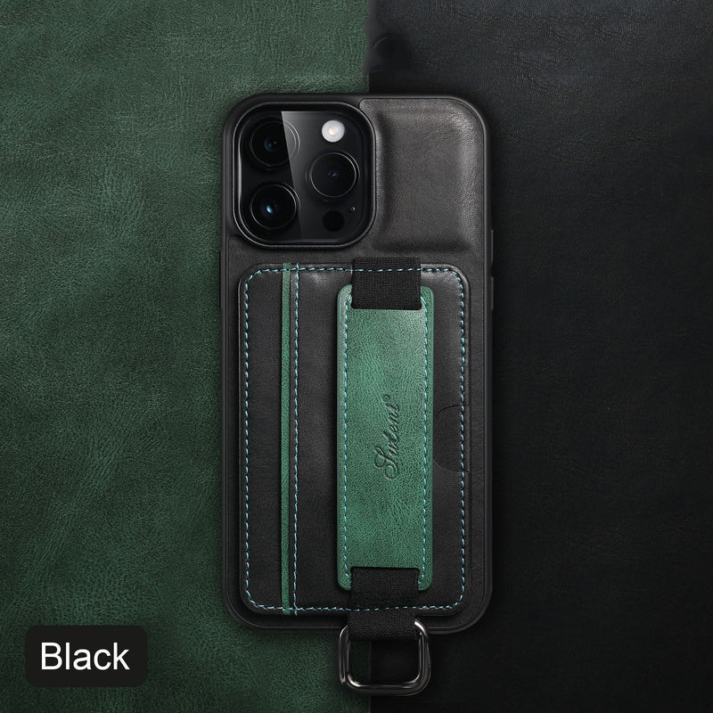 Card Pocket and Strap Leather iPhone Case-Exoticase-