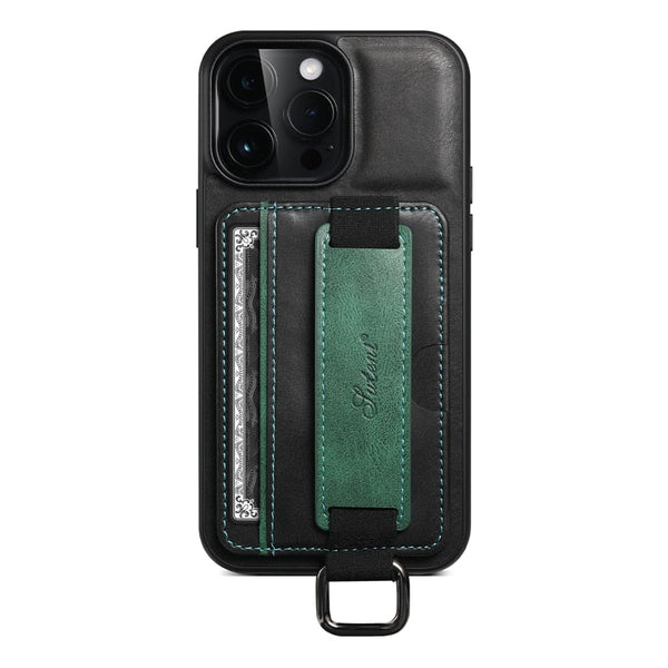 Card Pocket and Strap Leather iPhone Case-Exoticase-For iPhone 15 Pro Max-Black-