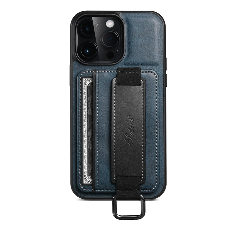 Card Pocket and Strap Leather iPhone Case-Exoticase-For iPhone 15 Pro Max-Blue-