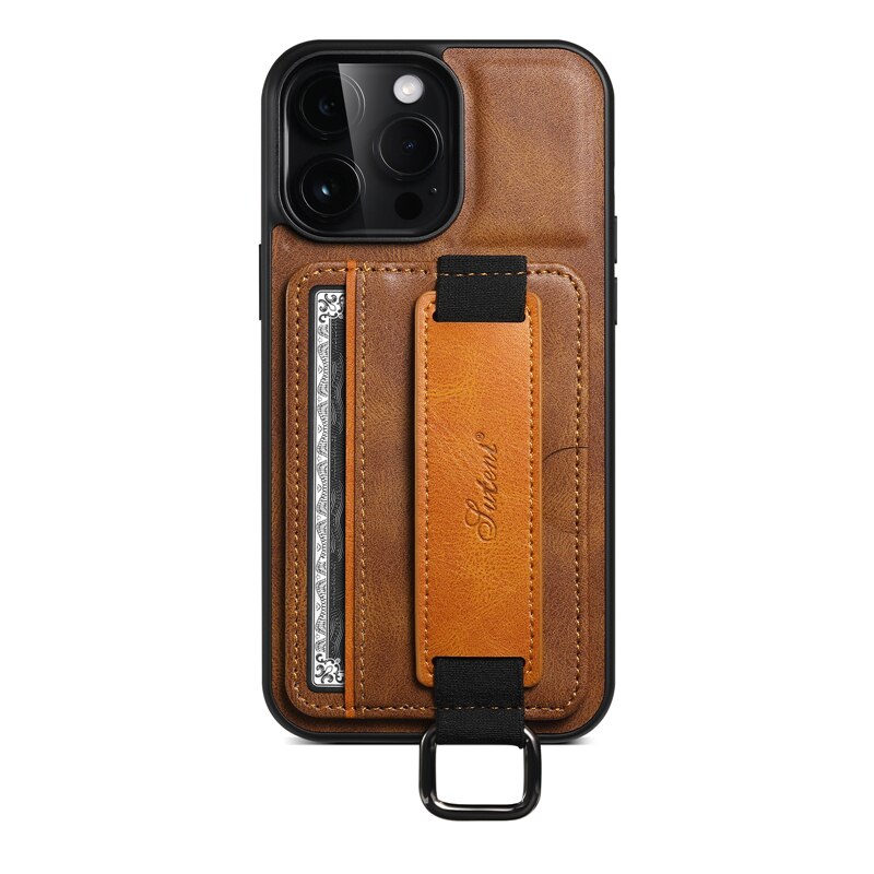 Card Pocket and Strap Leather iPhone Case-Exoticase-For iPhone 15 Pro Max-Brown-
