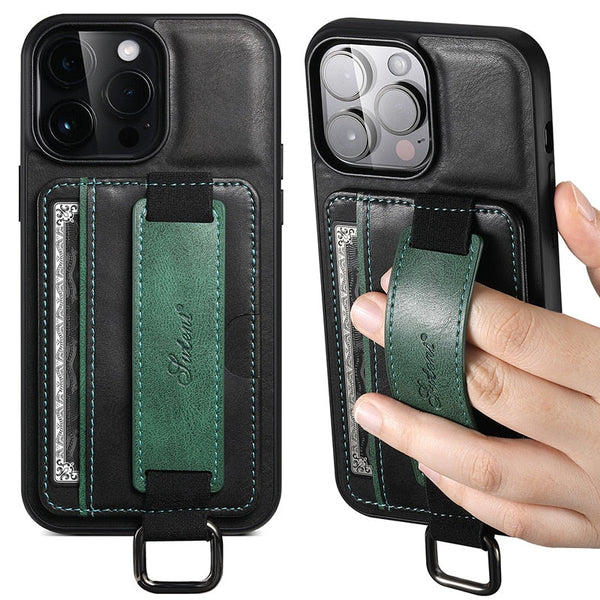 Card Pocket and Strap Leather iPhone Case-Exoticase-