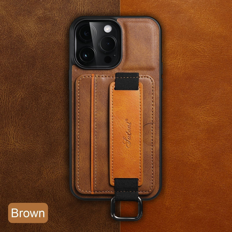 Card Pocket and Strap Leather iPhone Case-Exoticase-