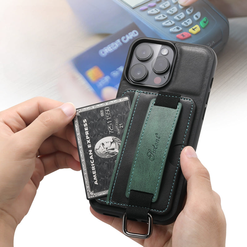 Card Pocket and Strap Leather iPhone Case-Exoticase-