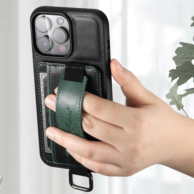 Card Pocket and Strap Leather iPhone Case-Exoticase-