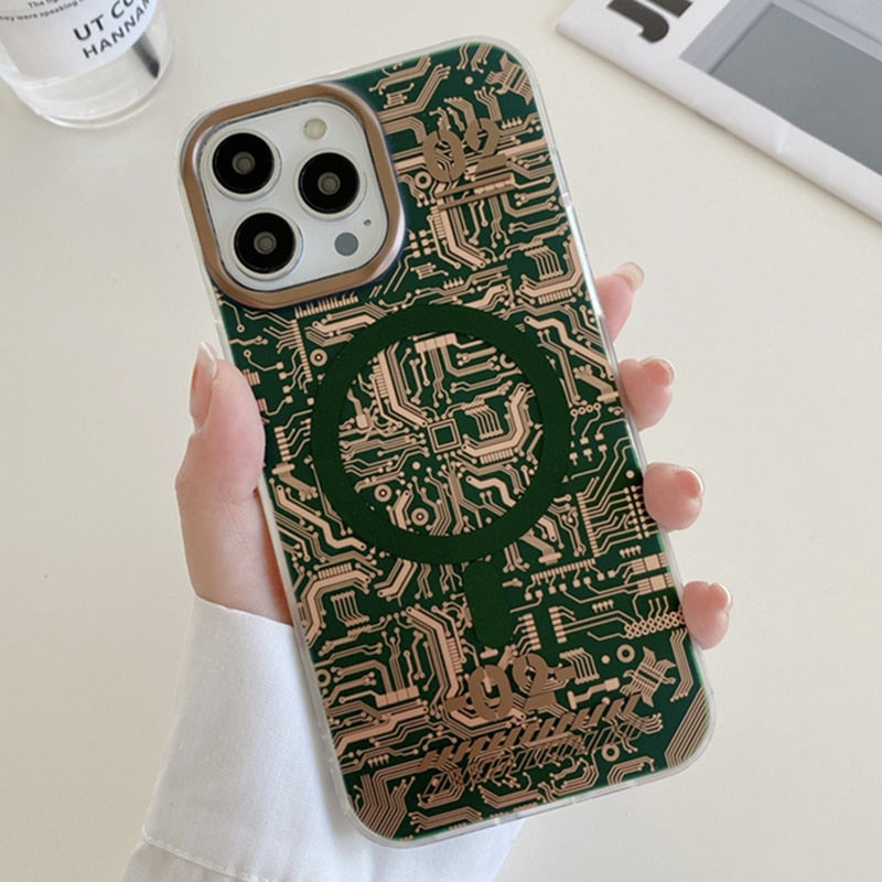 Circuit Board Pattern MagSafe iPhone Case-Exoticase-For iPhone 14 Pro Max-Dark Green-