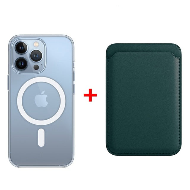 Classic Clear MagSafe iPhone Case With Leather Wallet-Exoticase-For iPhone 14 Pro Max-Dark Green-