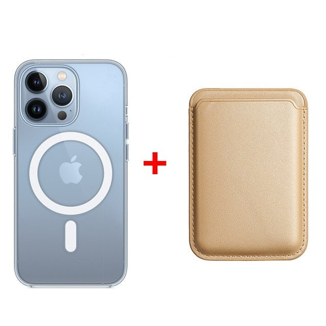 Classic Clear MagSafe iPhone Case With Leather Wallet-Exoticase-For iPhone 14 Pro Max-Gold-