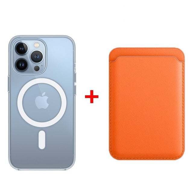 Classic Clear MagSafe iPhone Case With Leather Wallet-Exoticase-For iPhone 14 Pro Max-Orange-