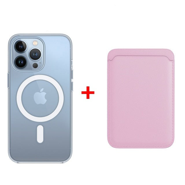 Classic Clear MagSafe iPhone Case With Leather Wallet-Exoticase-For iPhone 14 Pro Max-Pink-