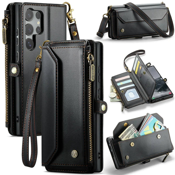 Crossbody Strap Leather Wallet Samsung Case-Exoticase-Black-Samsung S25 Ultra-Exoticase