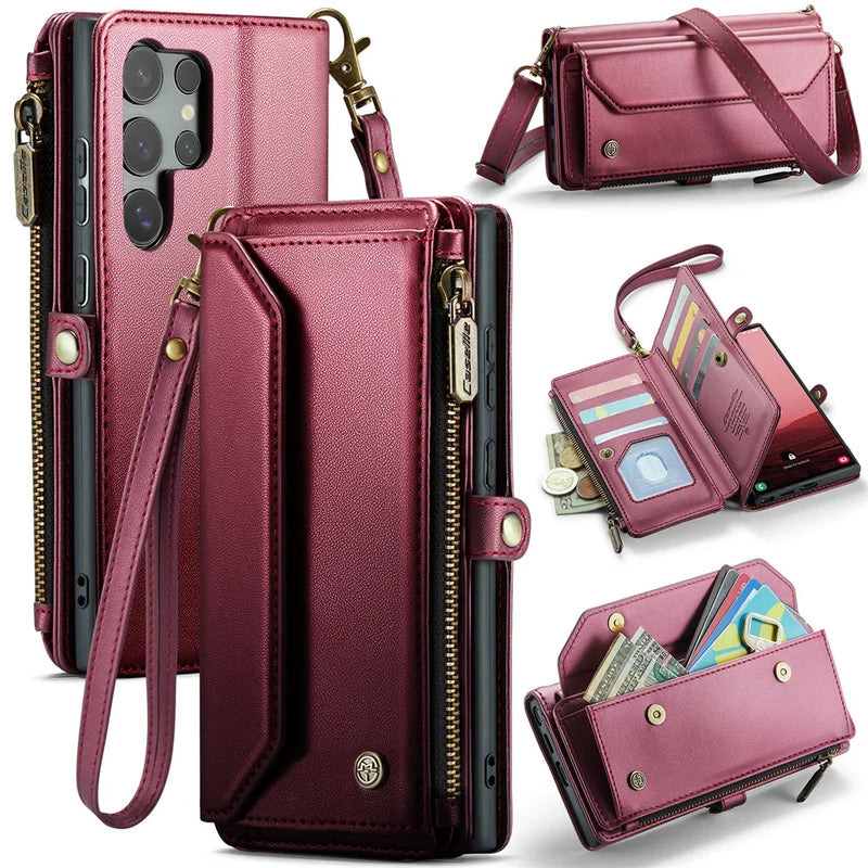 Crossbody Strap Leather Wallet Samsung Case-Exoticase-Red-Samsung S25 Ultra-Exoticase