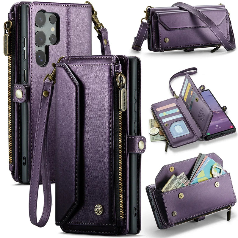 Crossbody Strap Leather Wallet Samsung Case-Exoticase-Purple-Samsung S25 Ultra-Exoticase