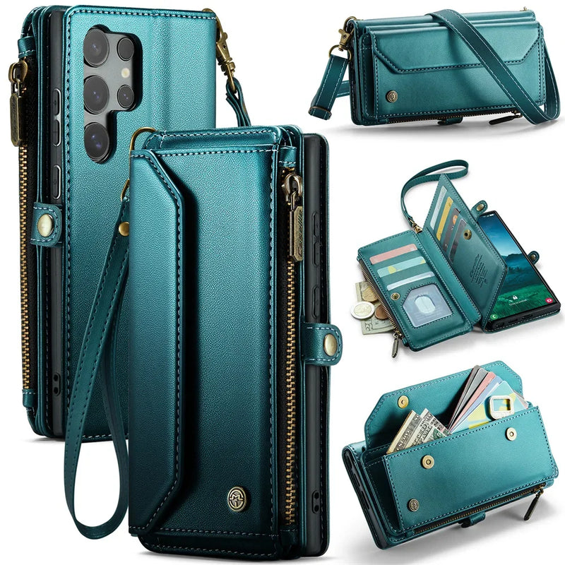 Crossbody Strap Leather Wallet Samsung Case-Exoticase-Green-Samsung S25 Ultra-Exoticase