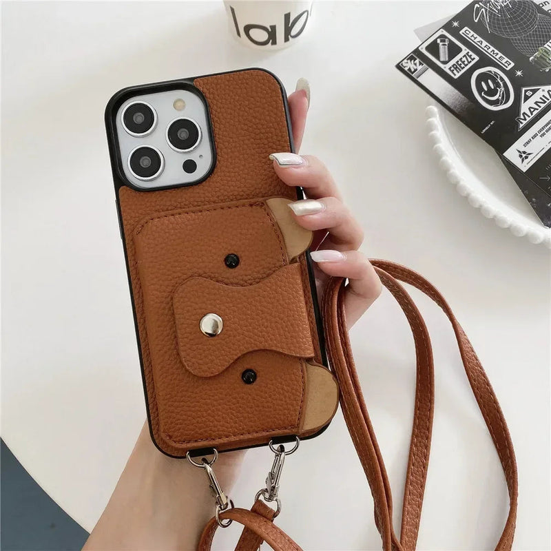 Cute Bear Leather Wallet iPhone Case, For iPhone 15 Pro / Brown Cute Bear Leather Wallet iPhone Case, For iPhone 15 Pro / Brown