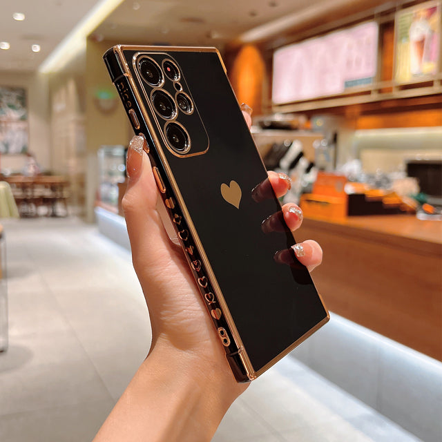Cute Plating Love Hearts Square Samsung Galaxy Case-Exoticase-For Samsung S22 Ultra-Black-