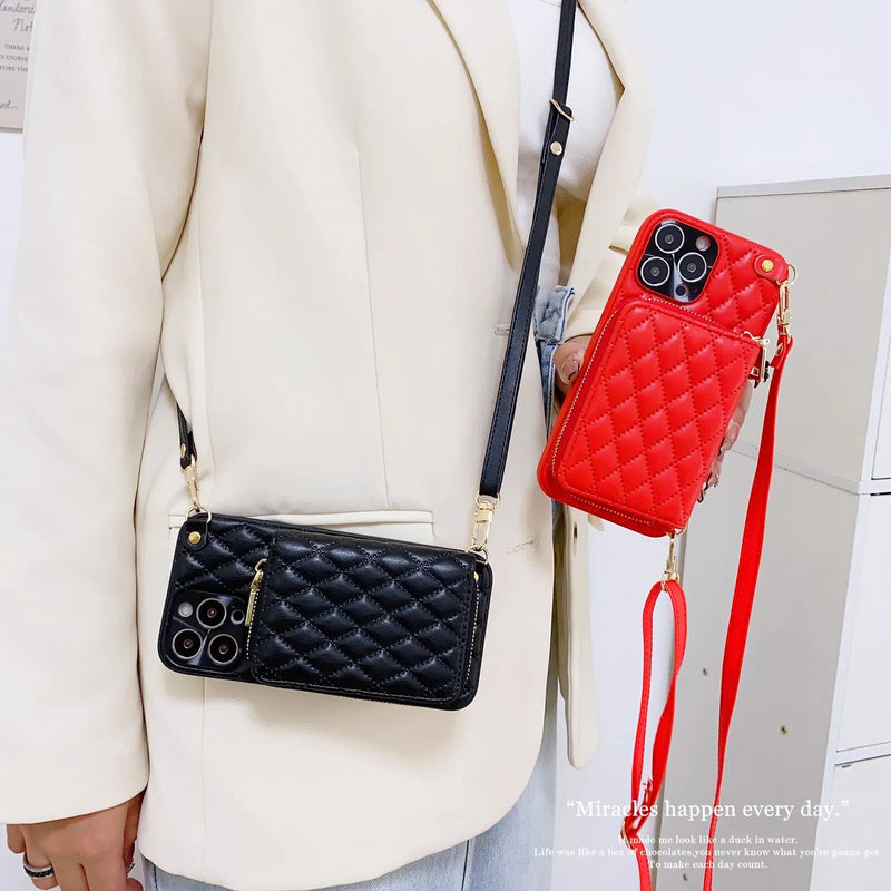 Diamond Lattice Zipper Leather Purse iPhone Case-Exoticase-