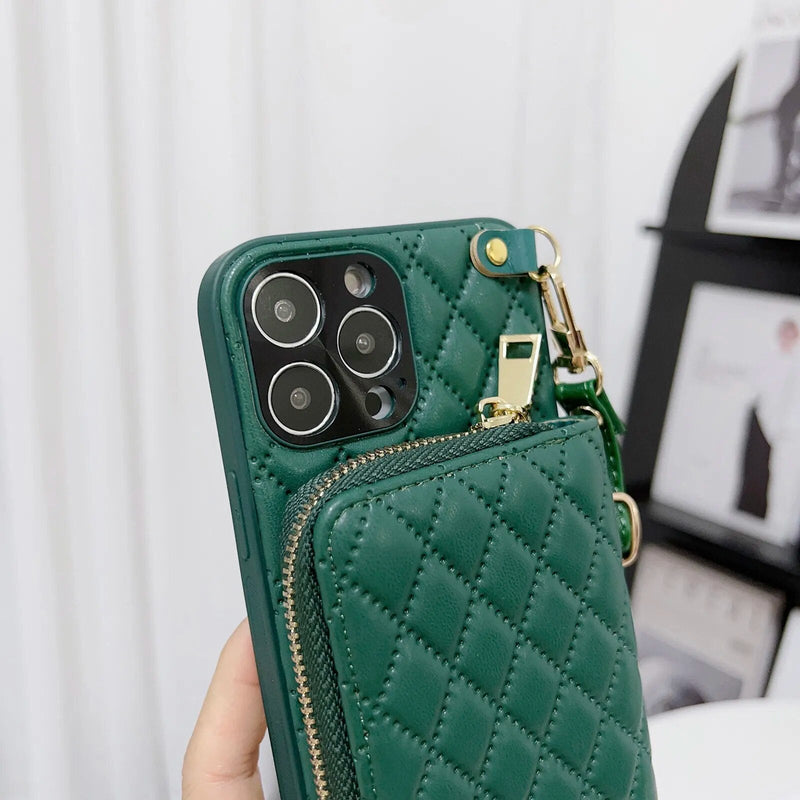 Diamond Lattice Zipper Leather Purse iPhone Case-Exoticase-