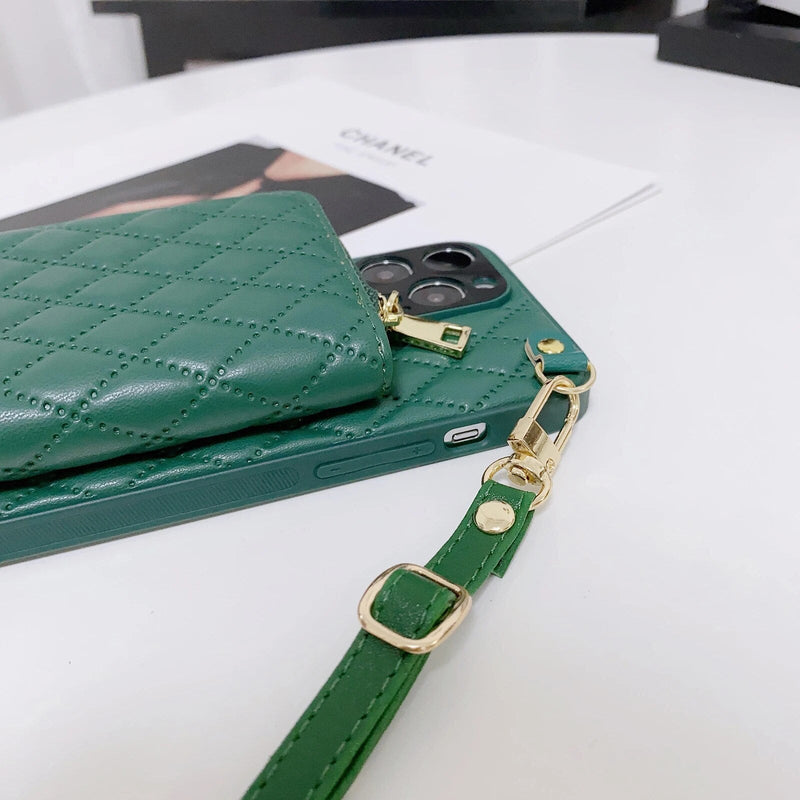 Diamond Lattice Zipper Leather Purse iPhone Case-Exoticase-
