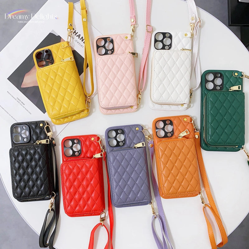 Diamond Lattice Zipper Leather Purse iPhone Case-Exoticase-