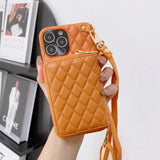 Diamond Lattice Zipper Leather Purse iPhone Case-Exoticase-For iPhone 15 Pro Max-Orange-