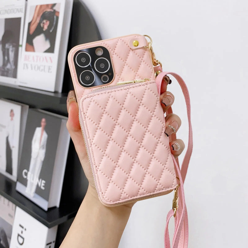 Diamond Lattice Zipper Leather Purse iPhone Case-Exoticase-For iPhone 15 Pro Max-Pink-