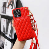 Diamond Lattice Zipper Leather Purse iPhone Case-Exoticase-For iPhone 15 Pro Max-Red-